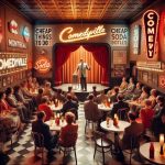 Tourists and locals enjoying a stand-up comedy show at Comedyville in Montreal, seated in a cozy club with warm lighting and drinks in hand.