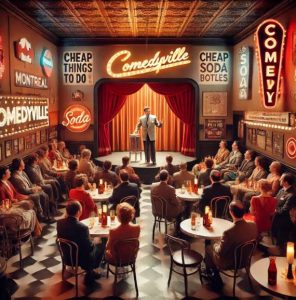 Tourists and locals enjoying a stand-up comedy show at Comedyville in Montreal, seated in a cozy club with warm lighting and drinks in hand.