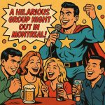 A vintage 1970s superhero comic-style illustration of friends heading to a stand-up comedy show in Montreal, excited and laughing together.