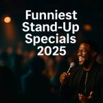 A colorful collage of stand-up comedians performing on stage with streaming logos and 2025-themed visuals, representing the top comedy specials of the year.