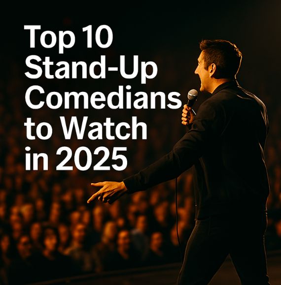 A stand-up comedian performing on a large stage in front of a packed audience, representing rising comedy stars to watch in 2025.