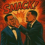 Comic-style illustration of two performers on stage, with one slapping the other mid-performance in front of a shocked audience — representing a viral comedy moment.