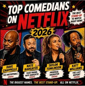 Top comedians on Netflix in 2026 featuring Dave Chappelle, Nate Bargatze, Taylor Tomlinson and Katt Williams