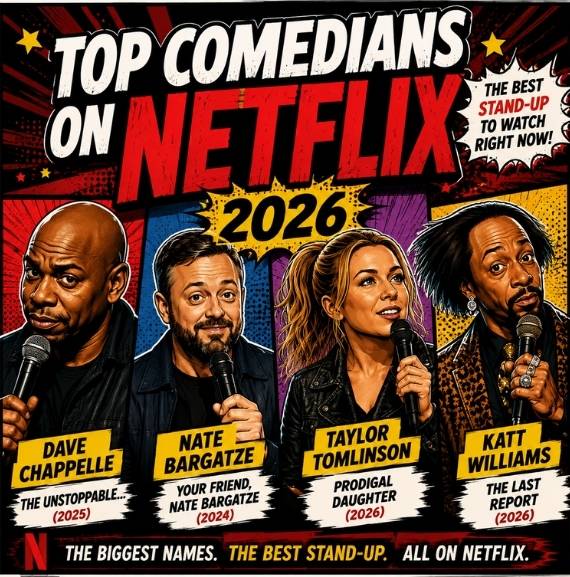 Top comedians on Netflix in 2026 featuring Dave Chappelle, Nate Bargatze, Taylor Tomlinson and Katt Williams
