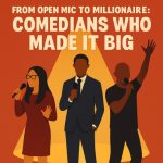 Stylized illustration inspired by Ali Wong, Trevor Noah, and Jo Koy rising from an open mic stage to the spotlight