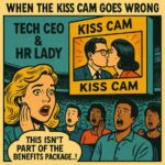 A vintage 1950s-style comic illustration of a tech CEO and HR executive caught on a kiss cam, with shocked crowd reactions in classic pop-art style