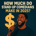 Illustrated image of a smiling stand-up comedian resembling Kevin Hart holding a microphone, with a large dollar sign in the background and the text "How Much Do Stand-Up Comedians Make in 2025?"