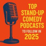 Colorful digital illustration showcasing podcast microphones and stand up comedy icons in a lively studio setting