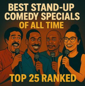 Retro-style digital illustration of four stand-up comedians representing the best stand-up comedy specials of all time.
