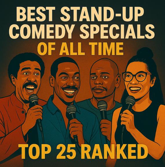 Retro-style digital illustration of four stand-up comedians representing the best stand-up comedy specials of all time.