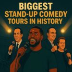 Illustrated poster of the biggest stand-up comedy tours in history, featuring look-alikes of Kevin Hart, Russell Peters, Jerry Seinfeld, Gabriel Iglesias, and Jeff Dunham on stage with a packed arena background.