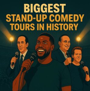 Illustrated poster of the biggest stand-up comedy tours in history, featuring look-alikes of Kevin Hart, Russell Peters, Jerry Seinfeld, Gabriel Iglesias, and Jeff Dunham on stage with a packed arena background.
