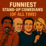 Colorful illustrated collage of iconic stand-up comedians with microphones and a spotlight stage background, symbolizing the funniest stand-up comedians of all time