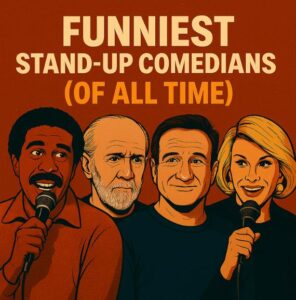 Colorful illustrated collage of iconic stand-up comedians with microphones and a spotlight stage background, symbolizing the funniest stand-up comedians of all time
