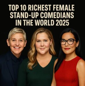 Ellen DeGeneres, Amy Schumer, and Ali Wong featured together in a promotional image for the richest female stand-up comedians 2025