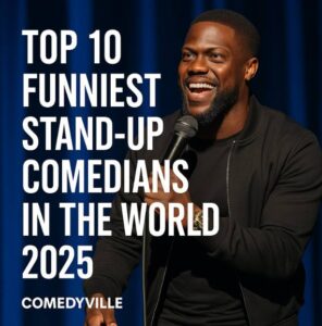 Kevin Hart performing on stage promoting Comedyville’s Top 10 Funniest Stand-Up Comedians 2025
