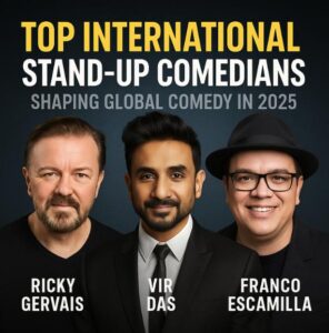 Square promotional graphic featuring look-alikes of Ricky Gervais, Vir Das, and Franco Escamilla with stage lights and a global backdrop, for Comedyville’s article on the top international stand up comedians 2025.