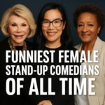 Funniest female stand up comedians of all time on stage – photo featuring look-alikes of Joan Rivers, Wanda Sykes, and Ali Wong at a comedy club with warm lighting.