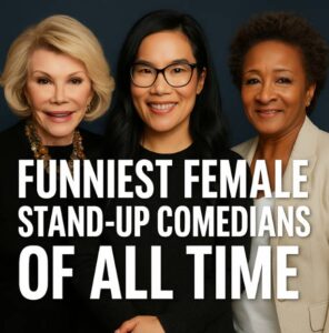 Funniest female stand up comedians of all time on stage – photo featuring look-alikes of Joan Rivers, Wanda Sykes, and Ali Wong at a comedy club with warm lighting.