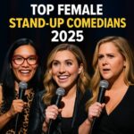 Square promotional photo featuring Ali Wong, Taylor Tomlinson, and Amy Schumer look-alikes for Comedyville’s Top Female Stand Up Comedians 2025 article.
