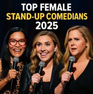Square promotional photo featuring Ali Wong, Taylor Tomlinson, and Amy Schumer look-alikes for Comedyville’s Top Female Stand Up Comedians 2025 article.