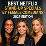 Three female stand-up comedians resembling Ali Wong, Taylor Tomlinson, and Iliza Shlesinger posing together in a professional studio for a 2025 comedy feature.
