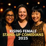Top Rising Female Stand-Up Comedians 2025 – Realistic look-alikes of Zarna Garg, Celeste Barber, and Atsuko Okatsuka performing on stage, representing global comedy talent.