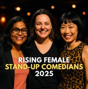 Top Rising Female Stand-Up Comedians 2025 – Realistic look-alikes of Zarna Garg, Celeste Barber, and Atsuko Okatsuka performing on stage, representing global comedy talent.
