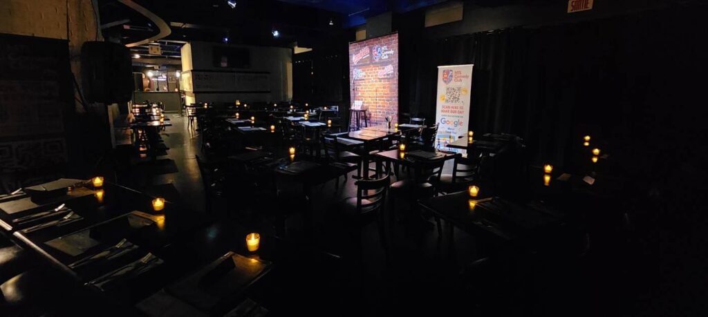 Montreal comedy club interior at Comedyville ready for seating