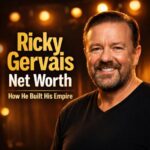 Ricky Gervais net worth 2026 look alike comedian portrait with warm lighting representing his comedy success and earnings