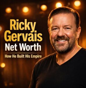 Ricky Gervais net worth 2026 look alike comedian portrait with warm lighting representing his comedy success and earnings